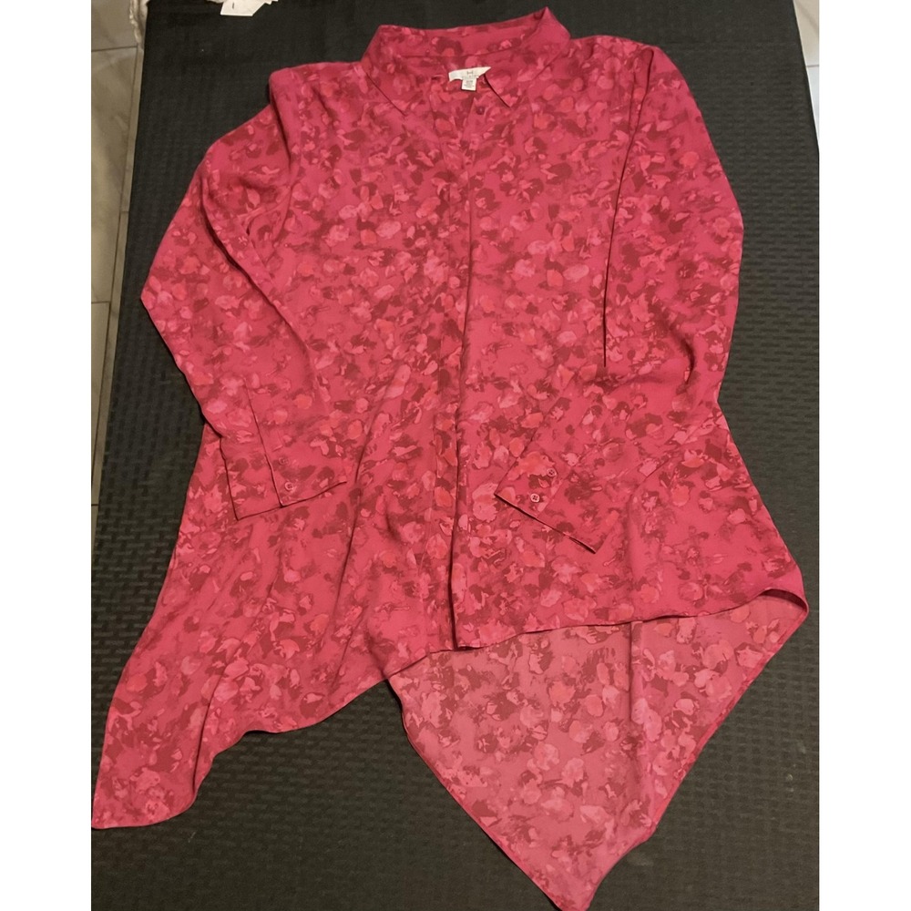 Halston Shirt Womens Medium Red Pink Floral Tunic Asymmetrical Handkerchief Hem
